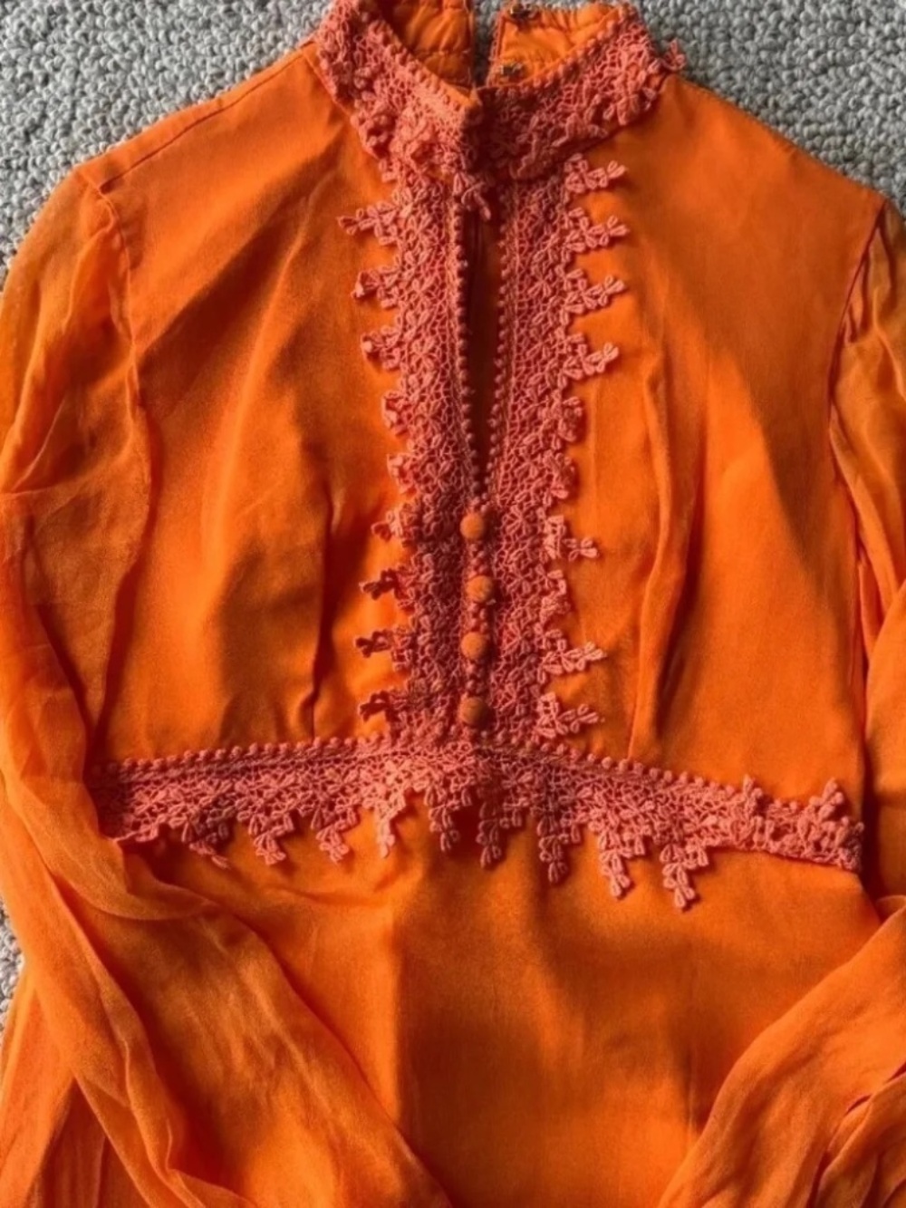 Vintage 70s Orange Prairie Maxi Dress Boho Cottagecore Lace Glam Ren Fair XS - Picture 3 of 16